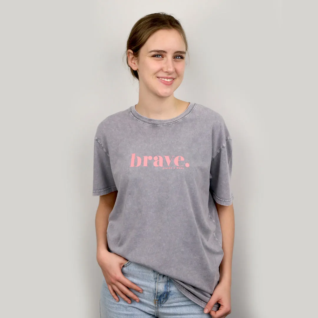 BRAVE - Ash Stone Wash Boyfriend Tee - Pink Print