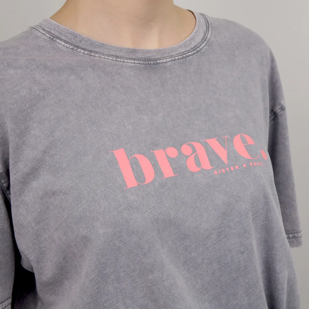 BRAVE - Ash Stone Wash Boyfriend Tee - Pink Print