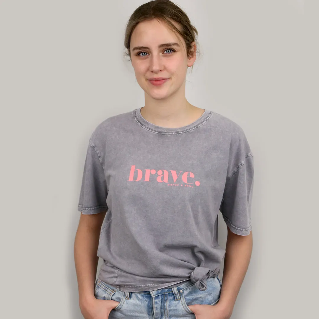 BRAVE - Ash Stone Wash Boyfriend Tee - Pink Print