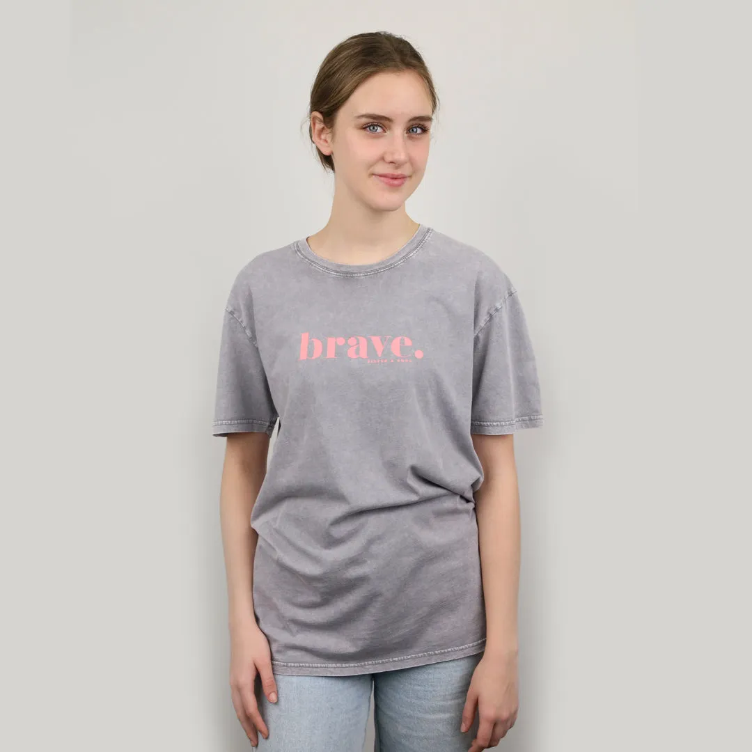 BRAVE - Ash Stone Wash Boyfriend Tee - Pink Print