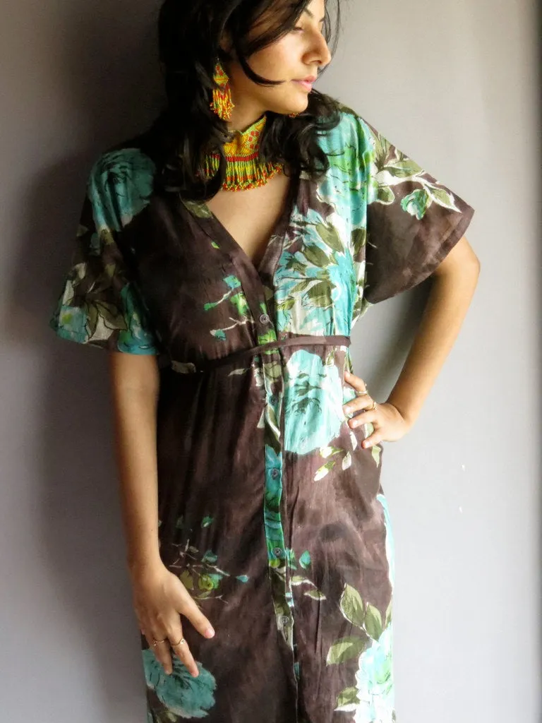 Brown Multicolor Big Flower V-Neck Button Down to Waist, Knee Length, Cinched Waist Caftan