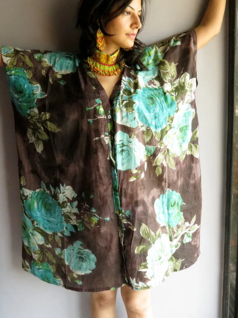 Brown Multicolor Big Flower V-Neck Button Down to Waist, Knee Length, Cinched Waist Caftan