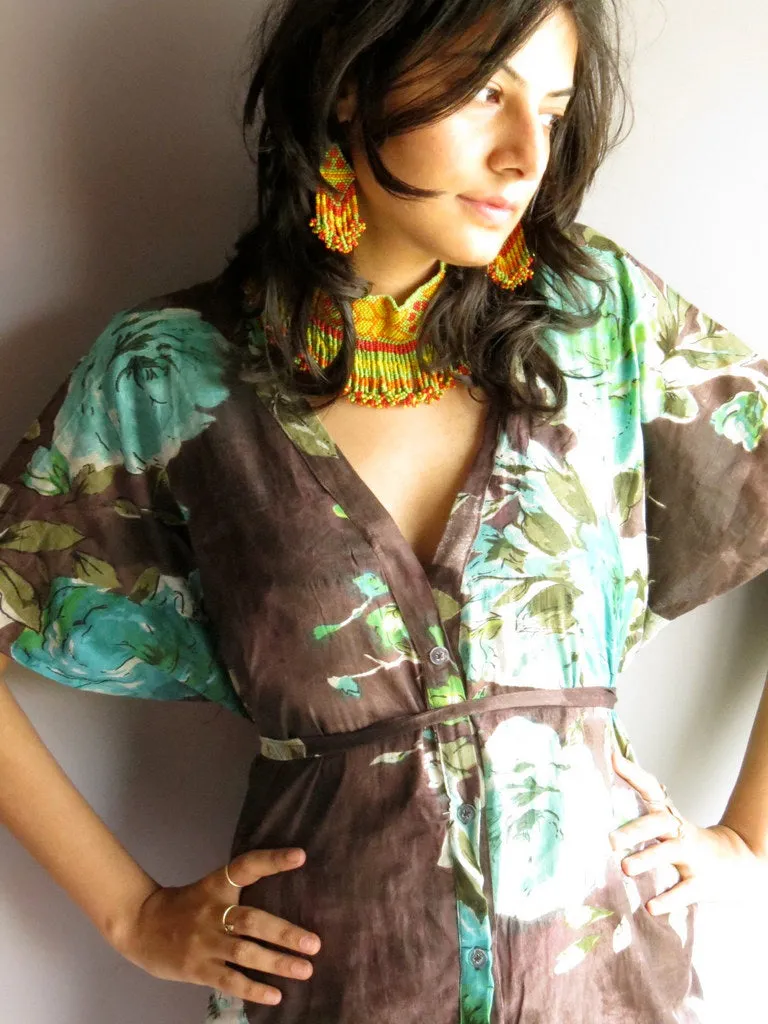 Brown Multicolor Big Flower V-Neck Button Down to Waist, Knee Length, Cinched Waist Caftan