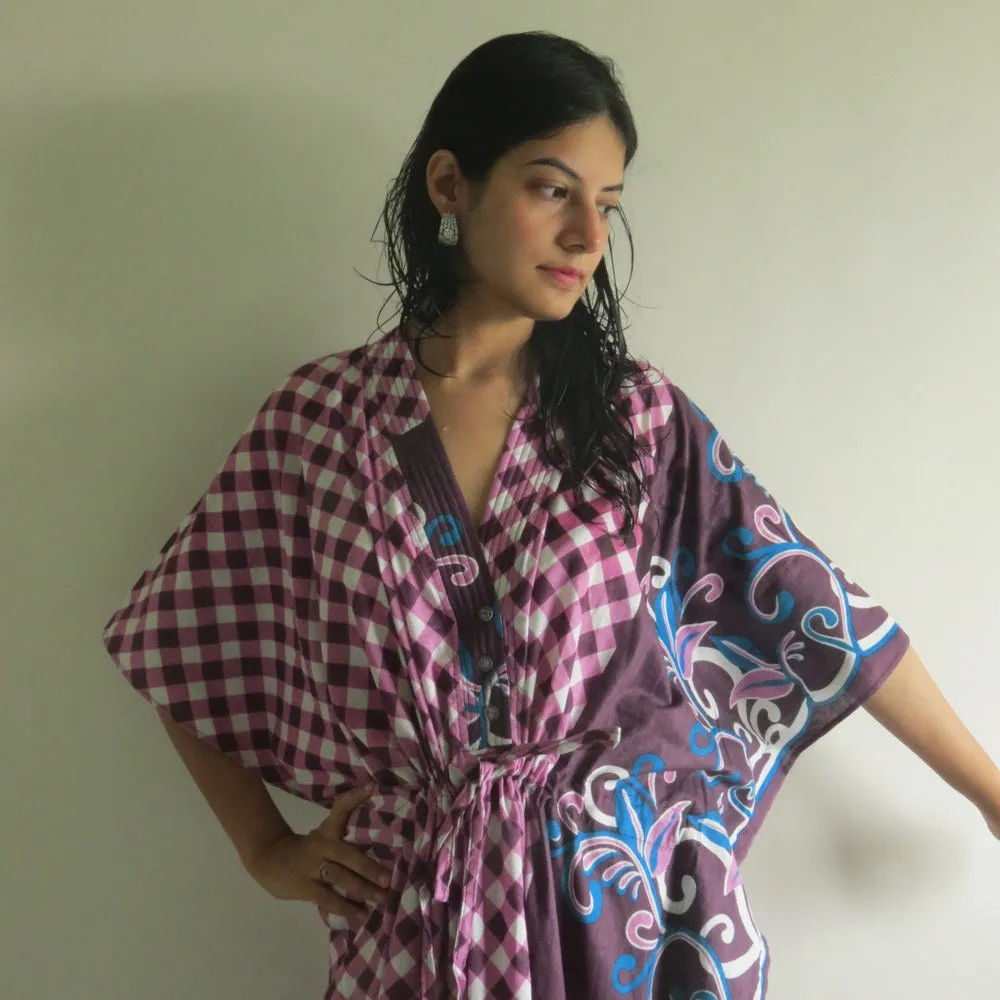 Burgundy Plaid V-Neck Button Down to Waist, Ankle Length, Cinched Waist Caftan