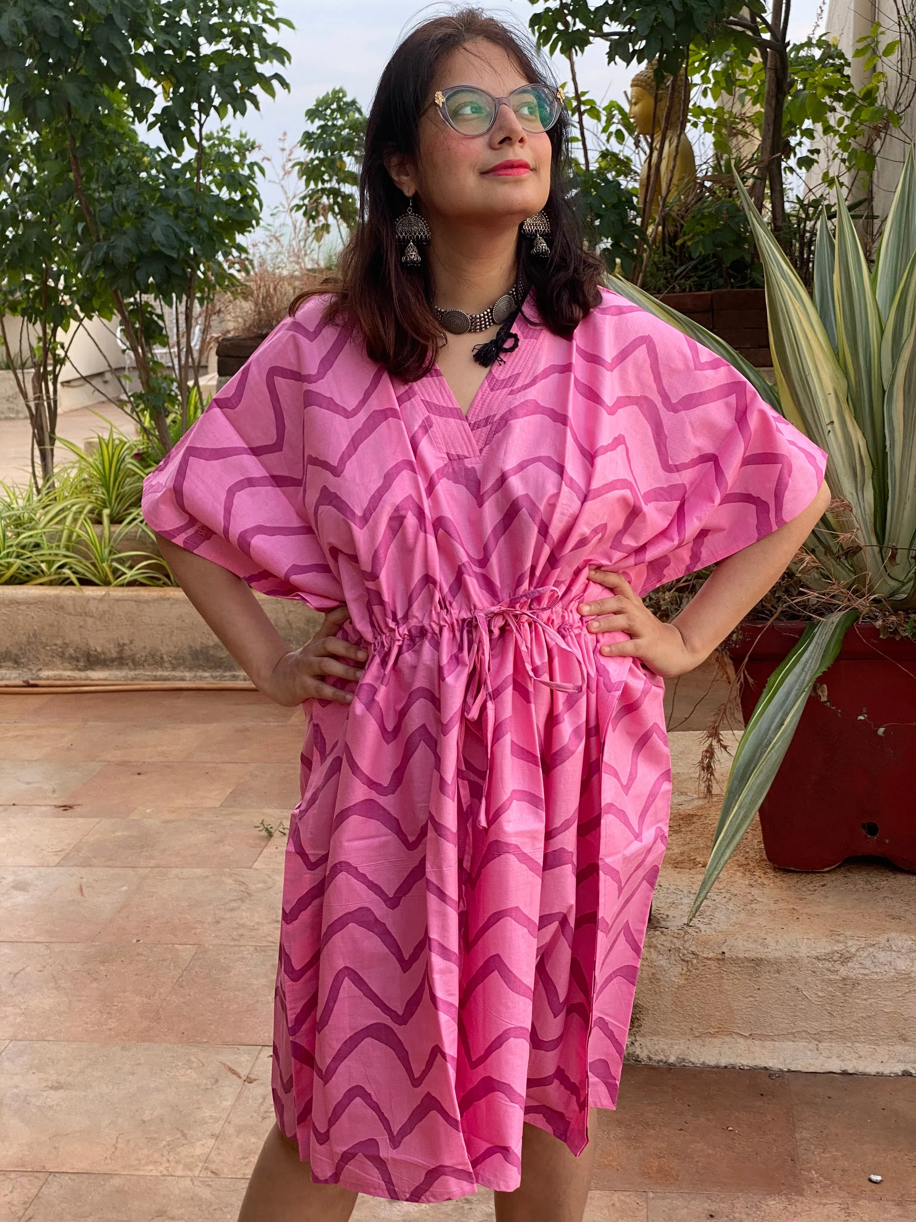 Chevron V-Neck, Knee Length, Cinched Waist Caftan