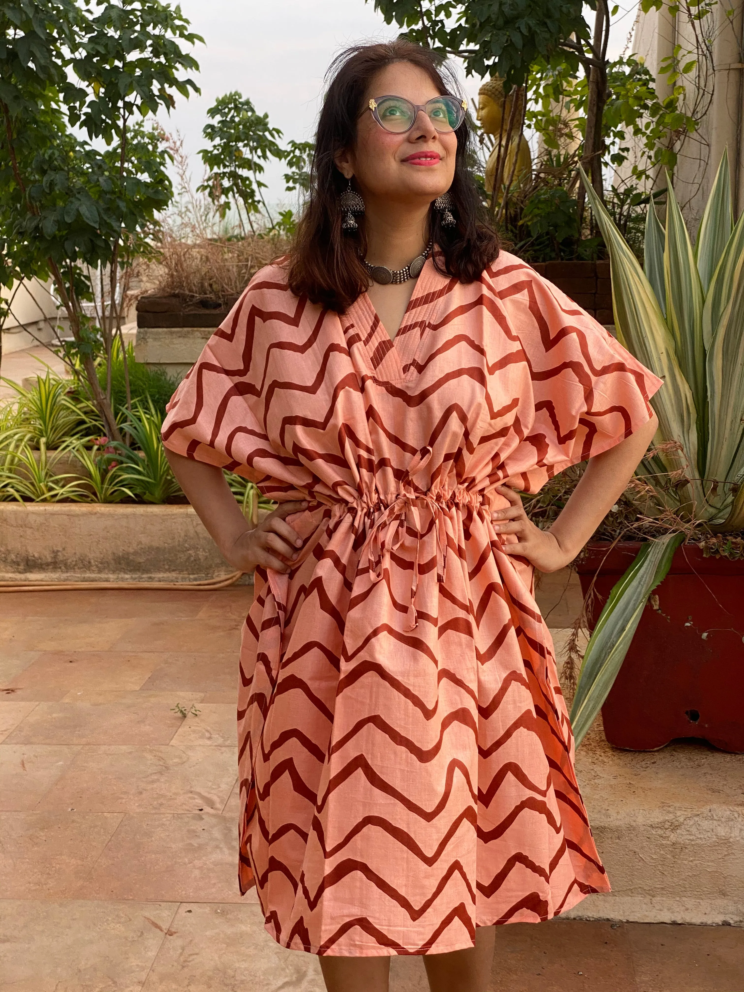 Chevron V-Neck, Knee Length, Cinched Waist Caftan