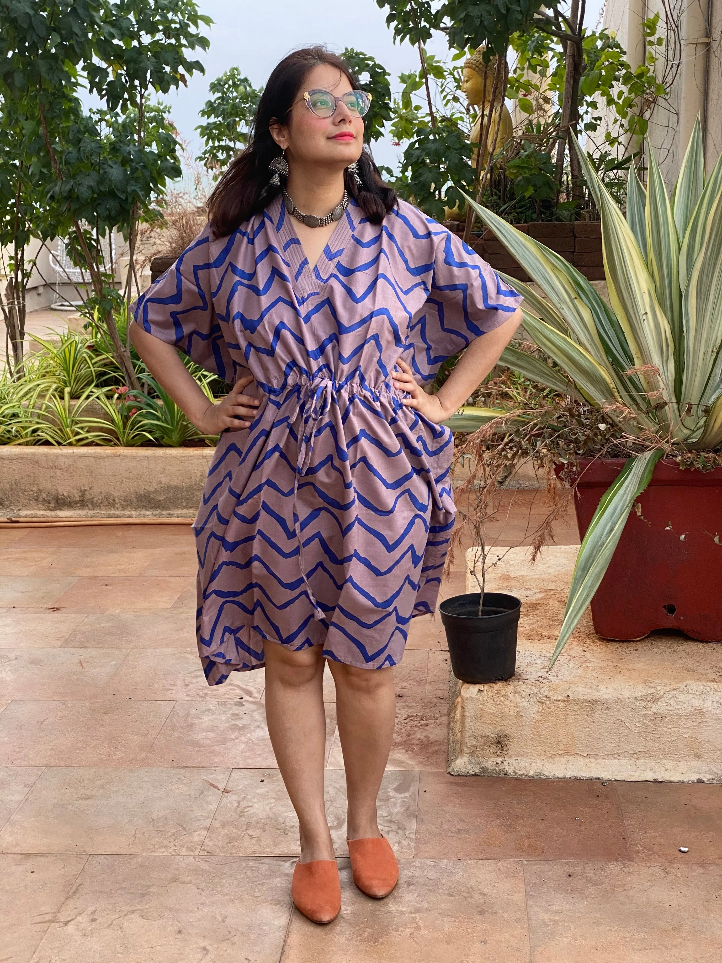 Chevron V-Neck, Knee Length, Cinched Waist Kaftan