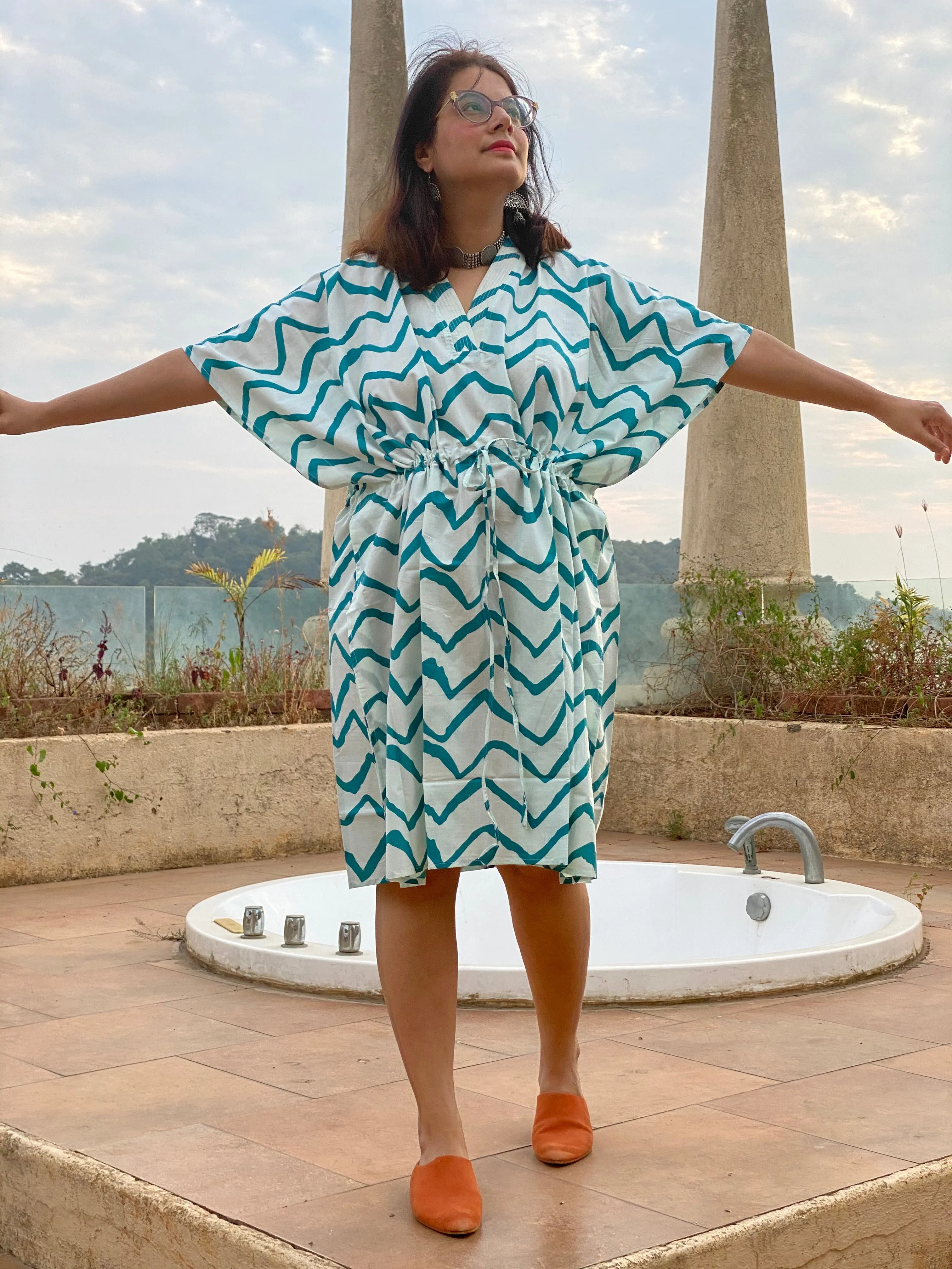 Chevron V-Neck, Knee Length, Cinched Waist Kaftan