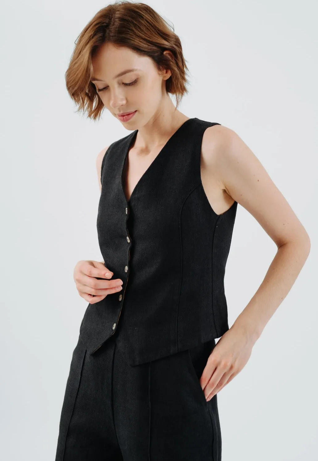 Classic Vest, Twill Linen, Black Herringbone