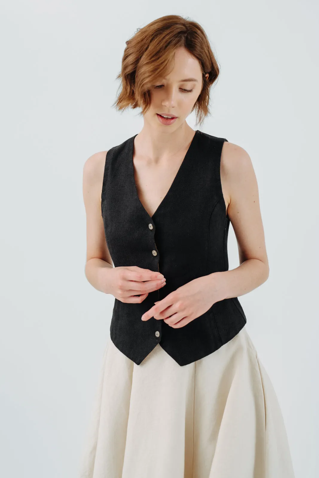 Classic Vest, Twill Linen, Black Herringbone