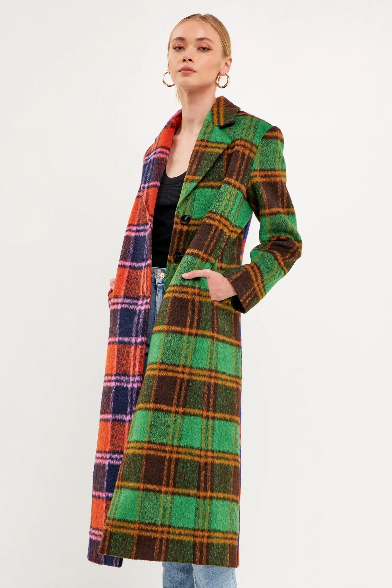 Colorblock Plaid Trench Coat