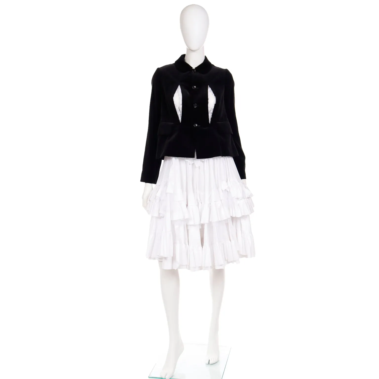 Comme des Garcons Black Velvet White Cotton Ruffle Peek a Boo Tulle Dress