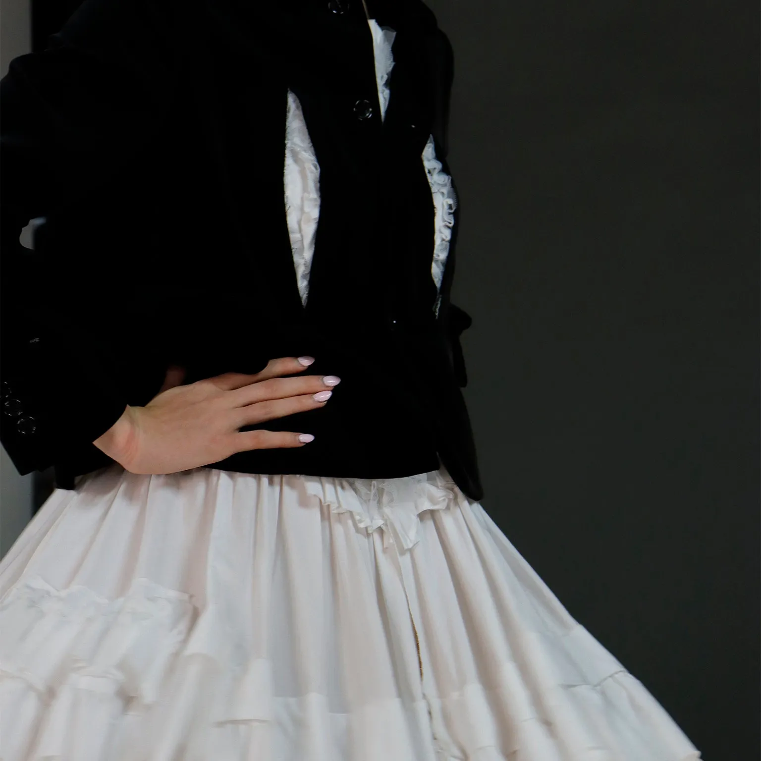 Comme des Garcons Black Velvet White Cotton Ruffle Peek a Boo Tulle Dress