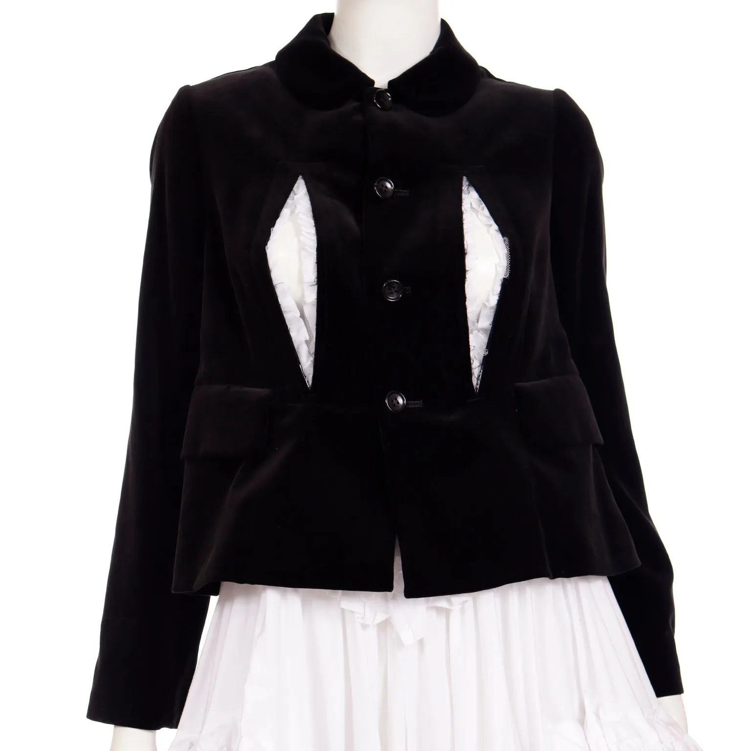 Comme des Garcons Black Velvet White Cotton Ruffle Peek a Boo Tulle Dress