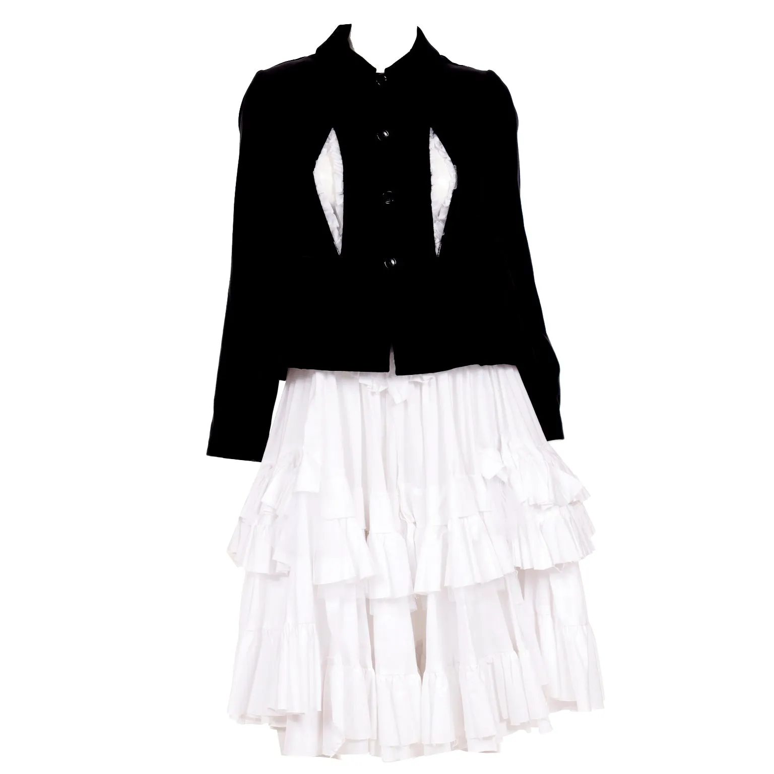 Comme des Garcons Black Velvet White Cotton Ruffle Peek a Boo Tulle Dress