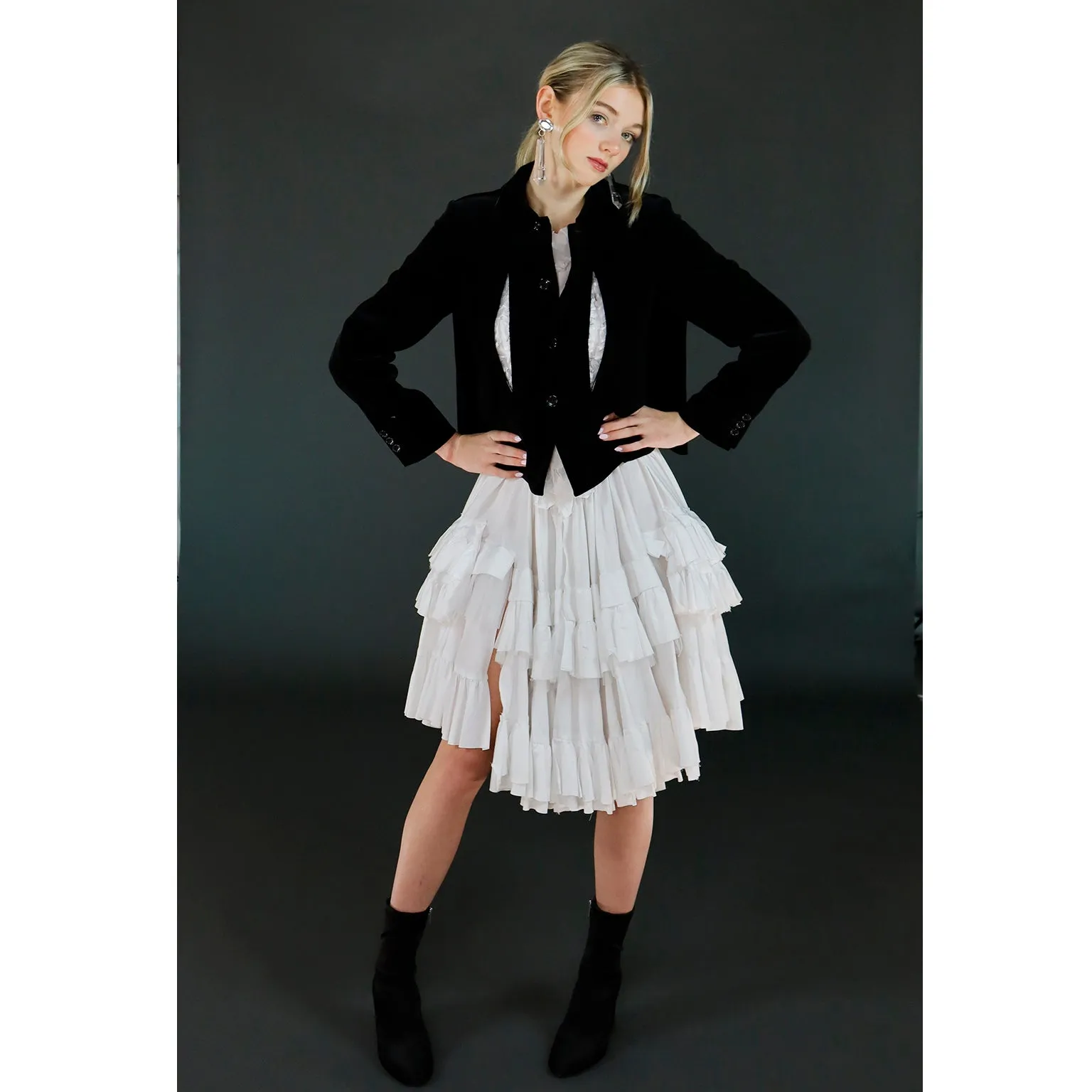 Comme des Garcons Black Velvet White Cotton Ruffle Peek a Boo Tulle Dress