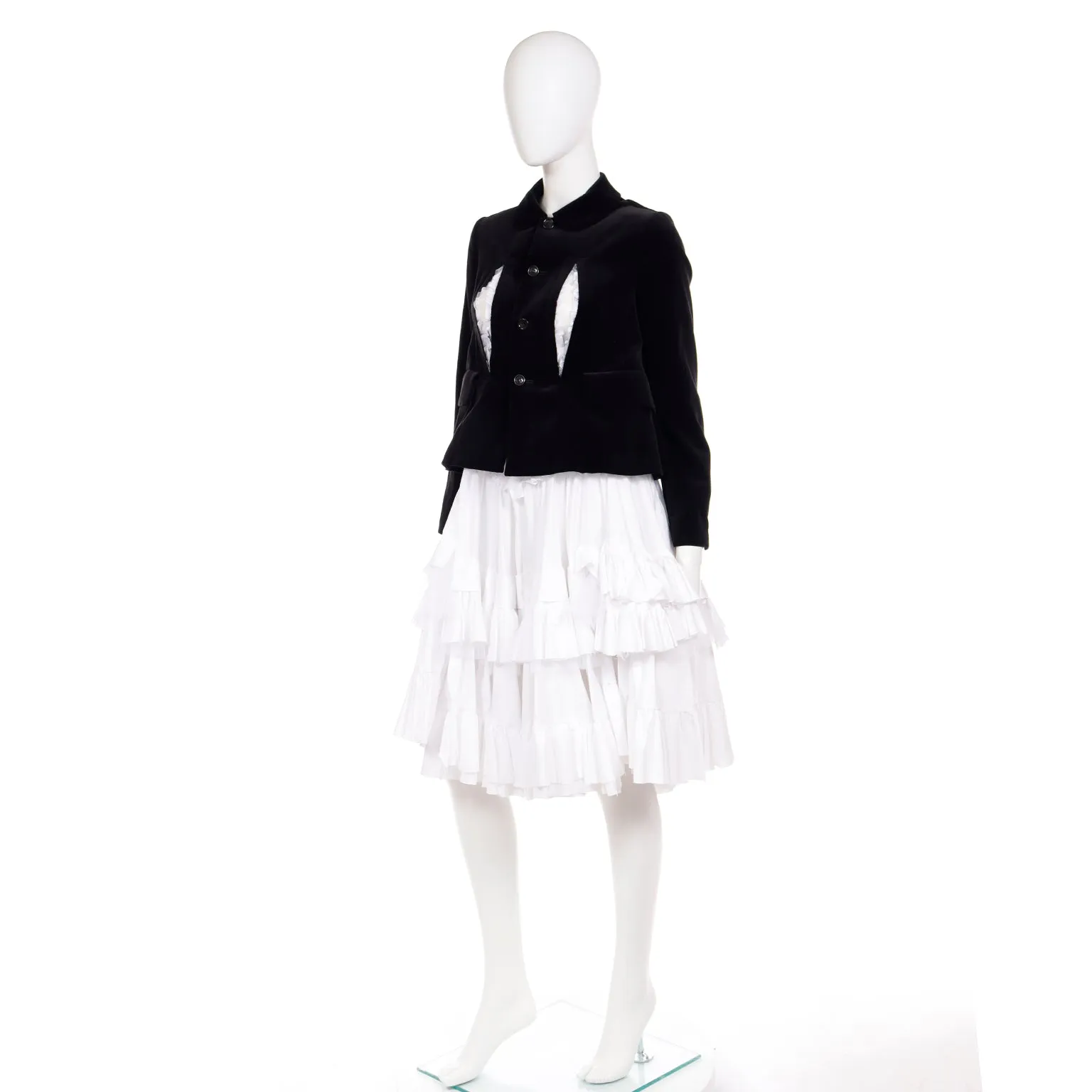 Comme des Garcons Black Velvet White Cotton Ruffle Peek a Boo Tulle Dress