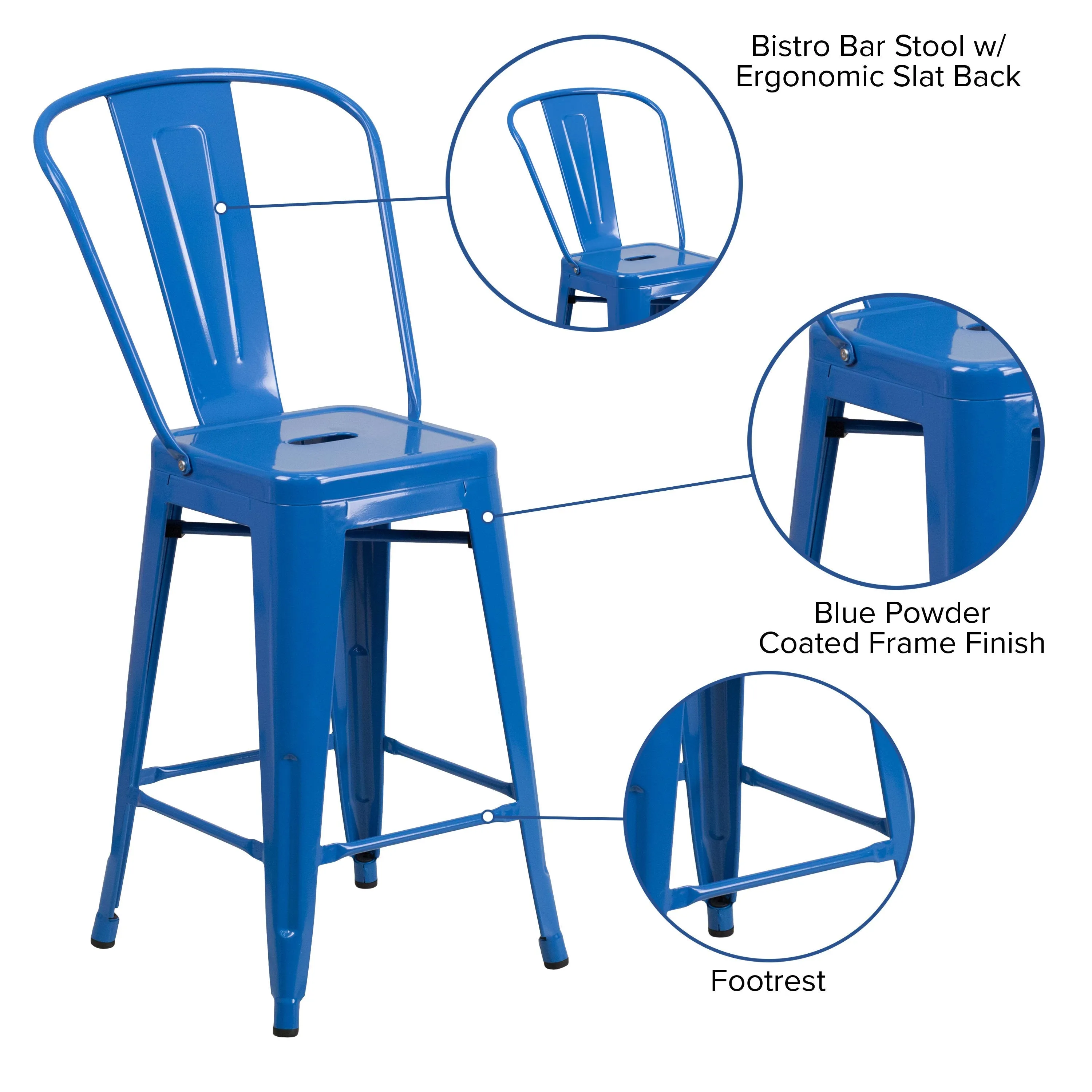 Commercial Grade 24" High Metal Indoor-Outdoor Counter Height Stool with Back