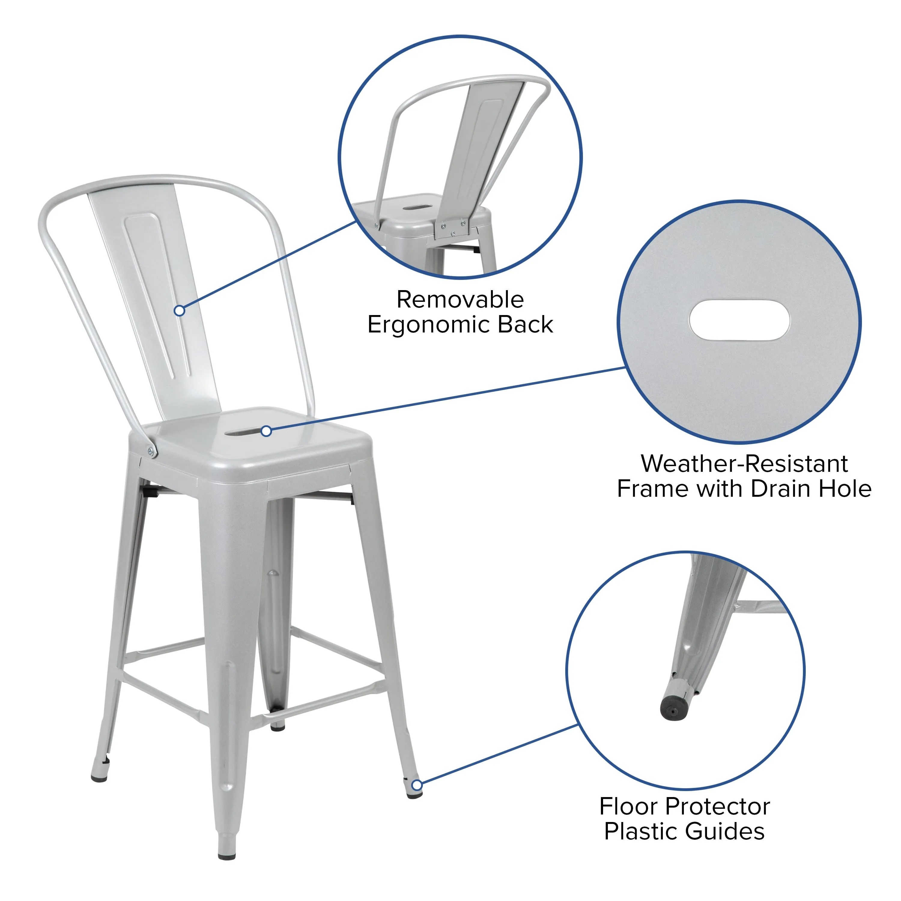 Commercial Grade 24" High Metal Indoor-Outdoor Counter Height Stool with Back