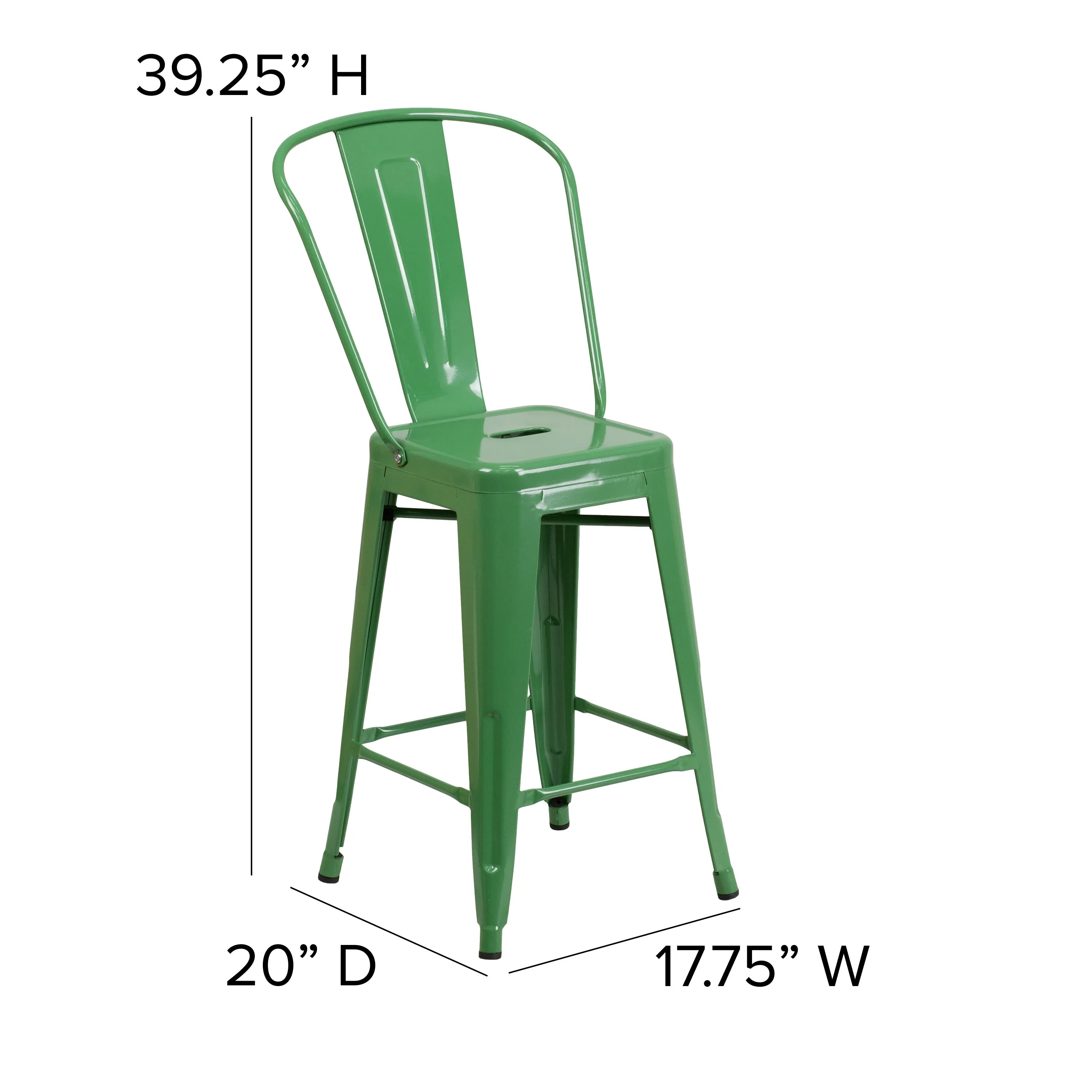 Commercial Grade 24" High Metal Indoor-Outdoor Counter Height Stool with Back