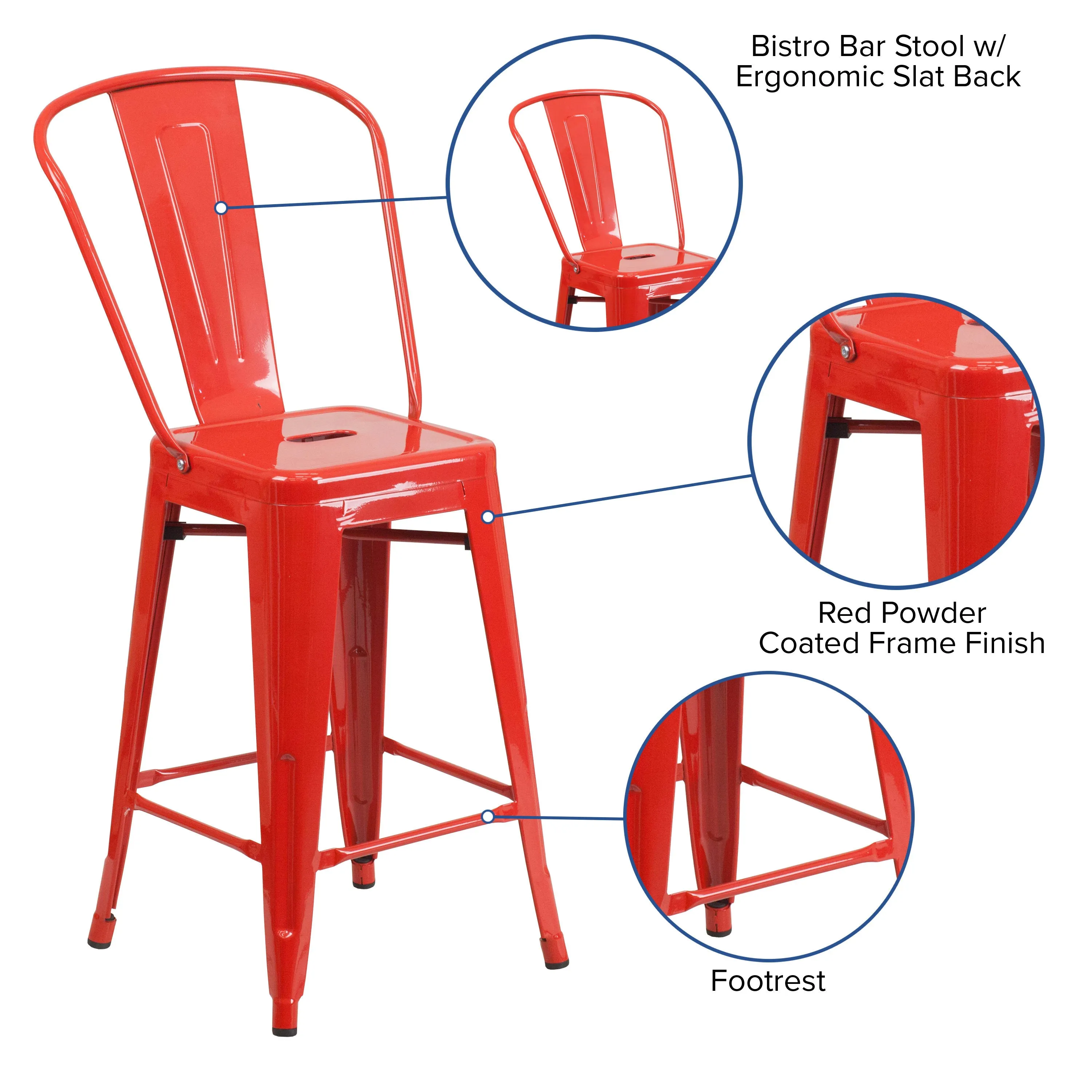 Commercial Grade 24" High Metal Indoor-Outdoor Counter Height Stool with Back