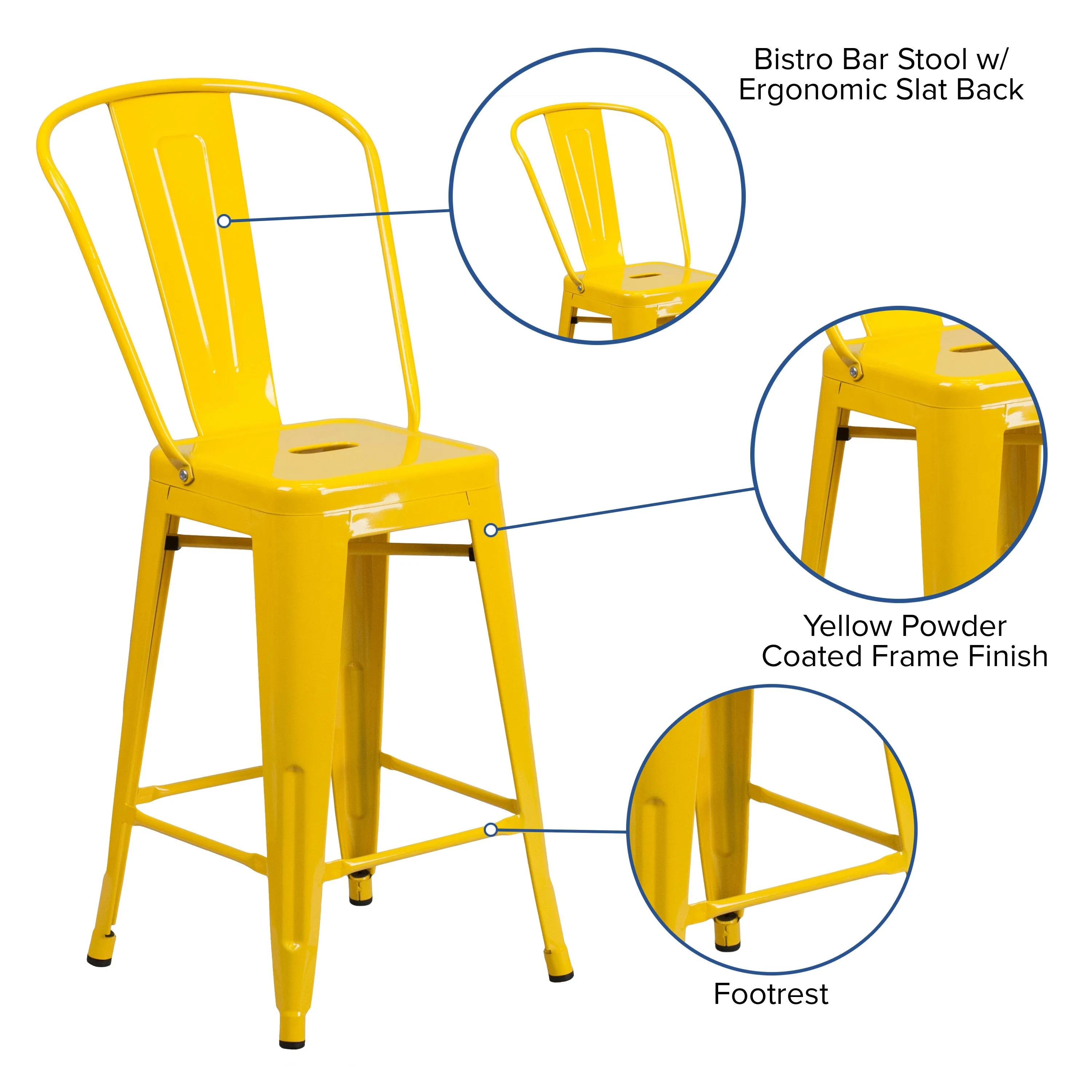 Commercial Grade 24" High Metal Indoor-Outdoor Counter Height Stool with Back