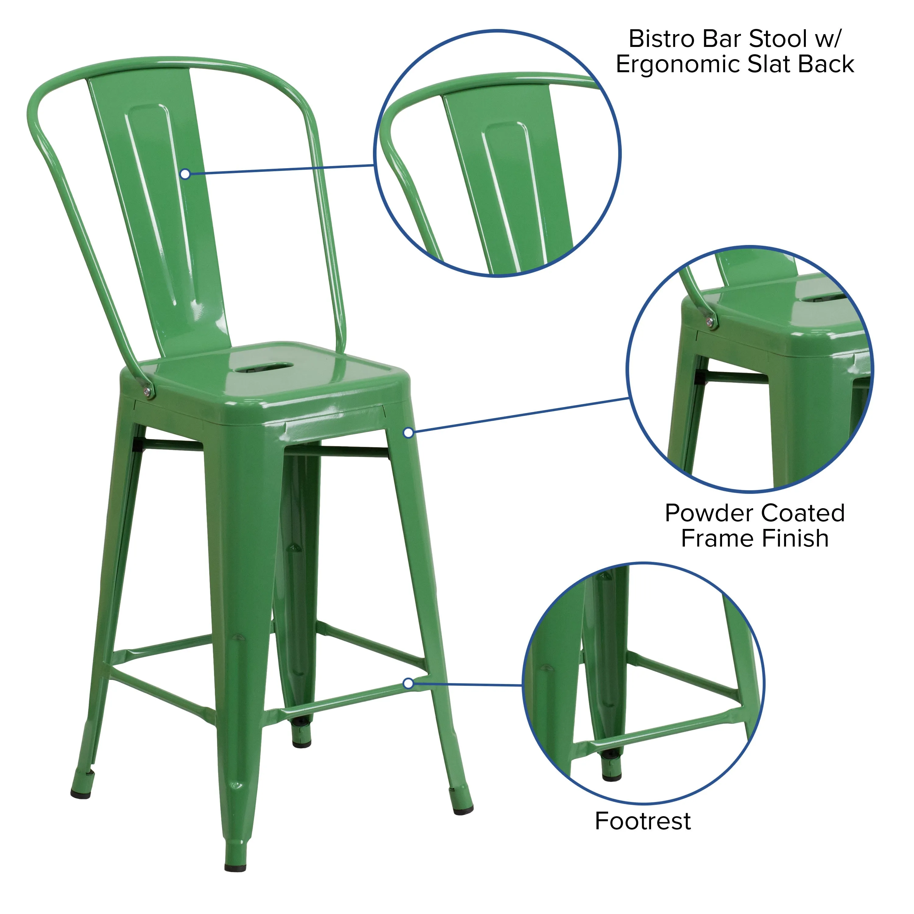 Commercial Grade 24" High Metal Indoor-Outdoor Counter Height Stool with Back