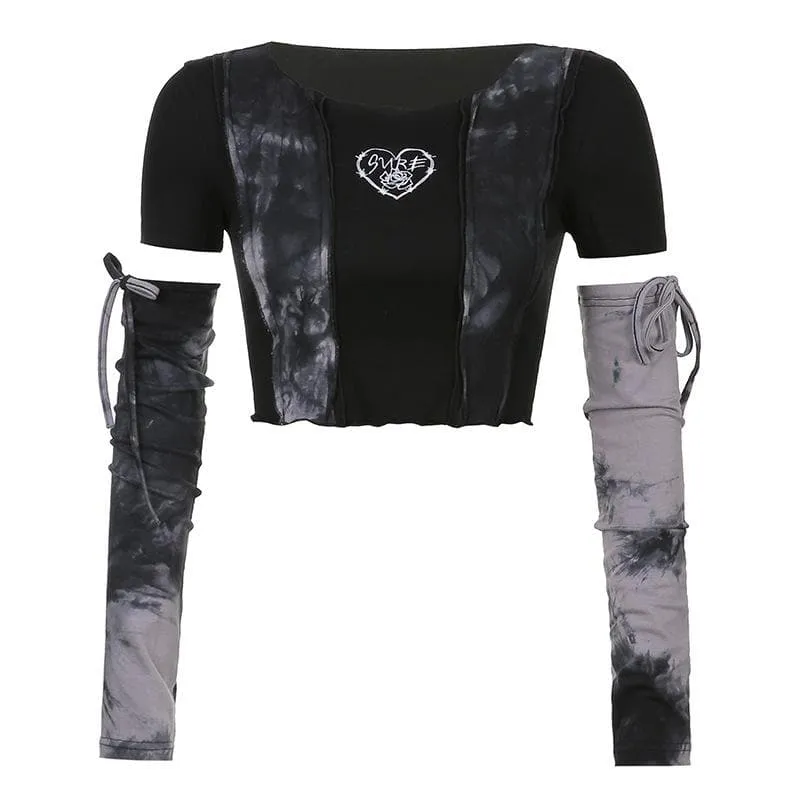 Contrast tie dye gloves ruffle drawstring short sleeve crop top