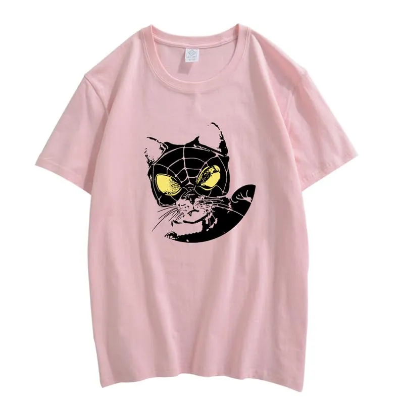 CORIRESHA Teen Cat Lovers Spider Web T-Shirt Crewneck Short Sleeves Casual Y2k Top