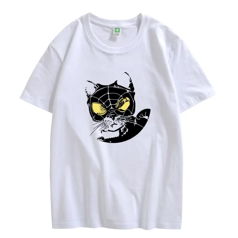 CORIRESHA Teen Cat Lovers Spider Web T-Shirt Crewneck Short Sleeves Casual Y2k Top