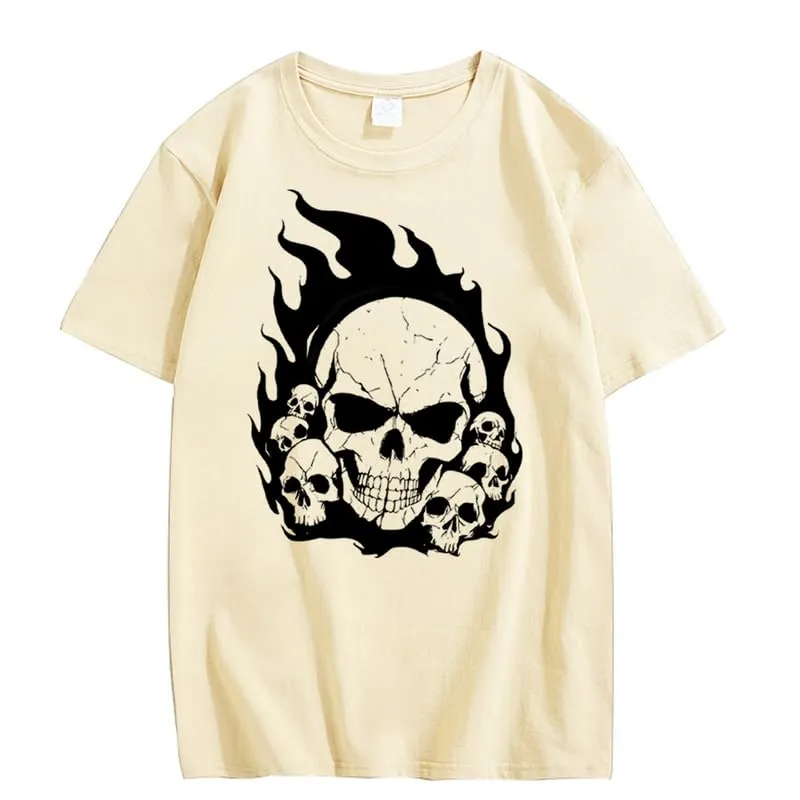 CORIRESHA Teen Skull Flame Crewneck Short Sleeve Y2K Aesthetic Halloween T-Shirt