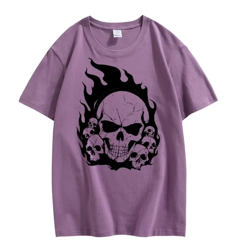 CORIRESHA Teen Skull Flame Crewneck Short Sleeve Y2K Aesthetic Halloween T-Shirt