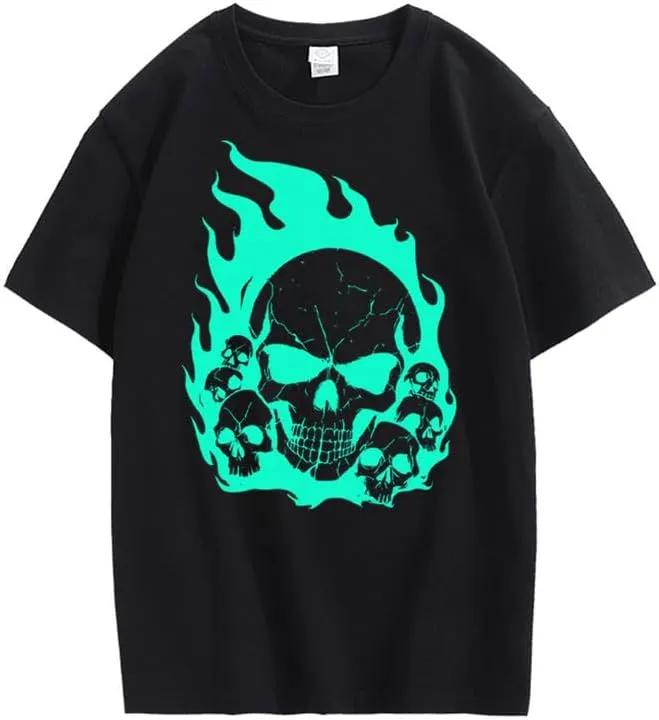 CORIRESHA Teen Skull Flame Crewneck Short Sleeve Y2K Aesthetic Halloween T-Shirt