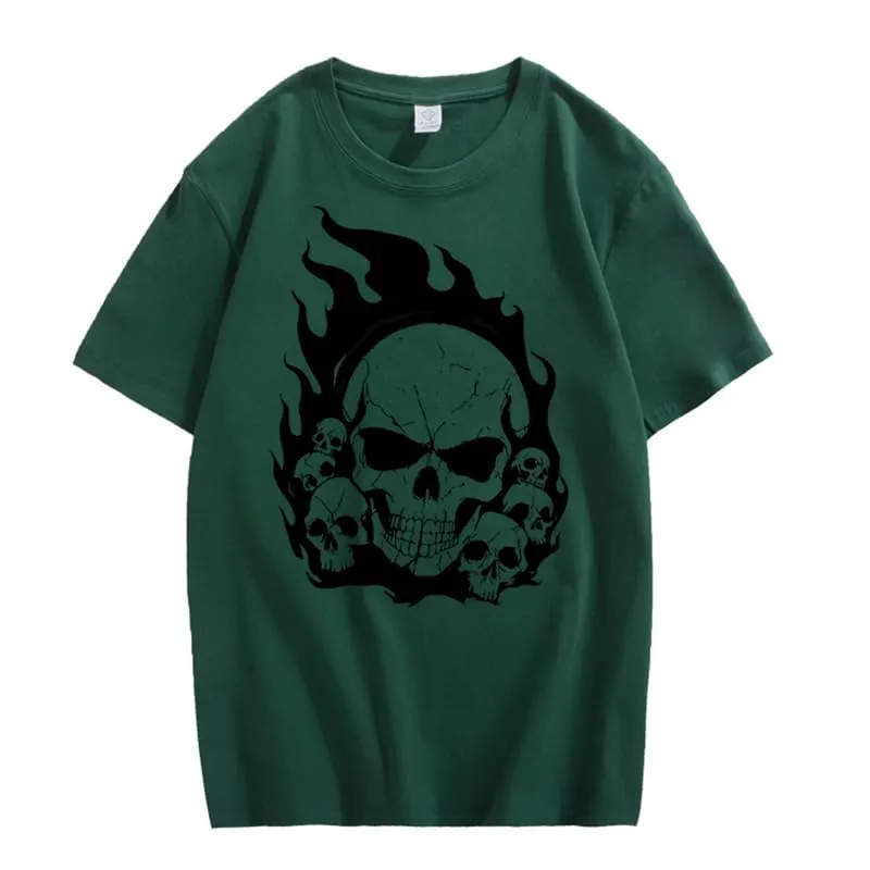 CORIRESHA Teen Skull Flame Crewneck Short Sleeve Y2K Aesthetic Halloween T-Shirt