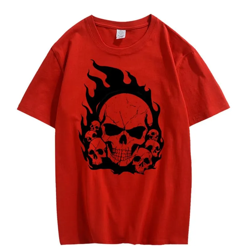 CORIRESHA Teen Skull Flame Crewneck Short Sleeve Y2K Aesthetic Halloween T-Shirt