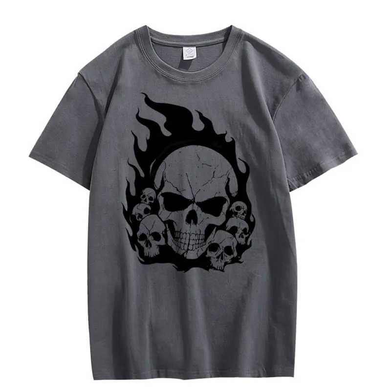 CORIRESHA Teen Skull Flame Crewneck Short Sleeve Y2K Aesthetic Halloween T-Shirt