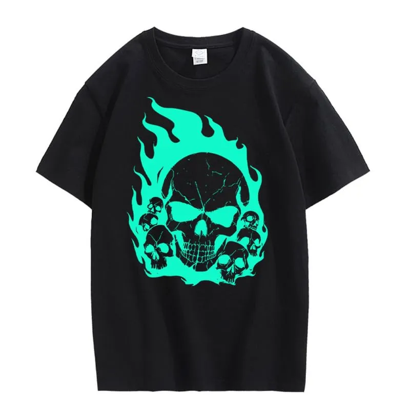 CORIRESHA Teen Skull Flame Crewneck Short Sleeve Y2K Aesthetic Halloween T-Shirt