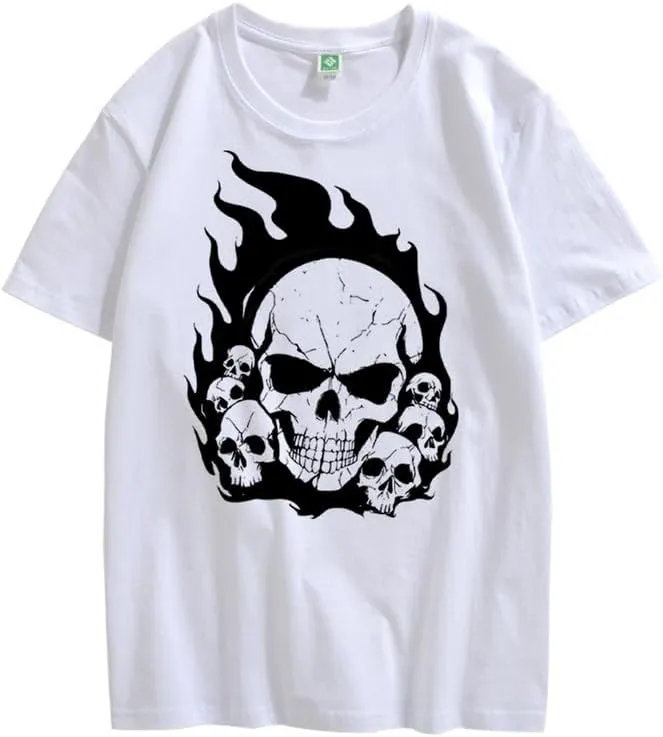 CORIRESHA Teen Skull Flame Crewneck Short Sleeve Y2K Aesthetic Halloween T-Shirt