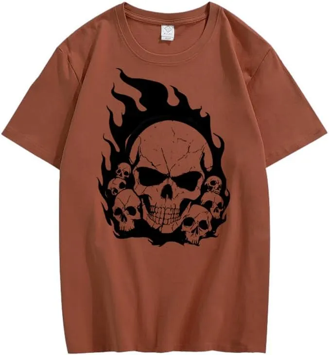 CORIRESHA Teen Skull Flame Crewneck Short Sleeve Y2K Aesthetic Halloween T-Shirt