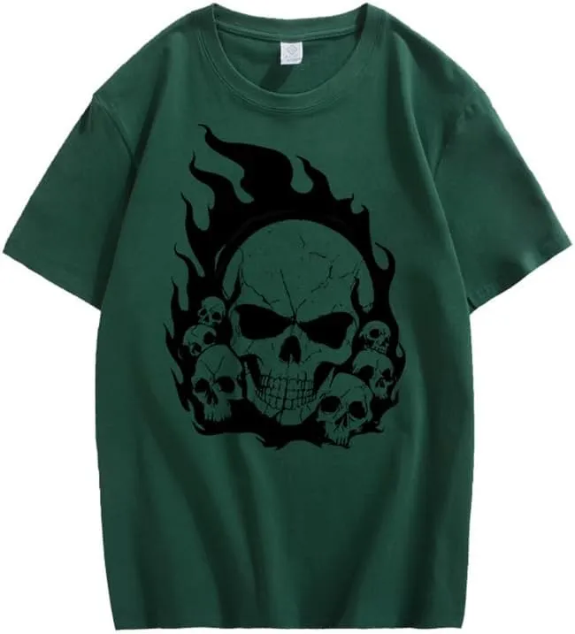 CORIRESHA Teen Skull Flame Crewneck Short Sleeve Y2K Aesthetic Halloween T-Shirt