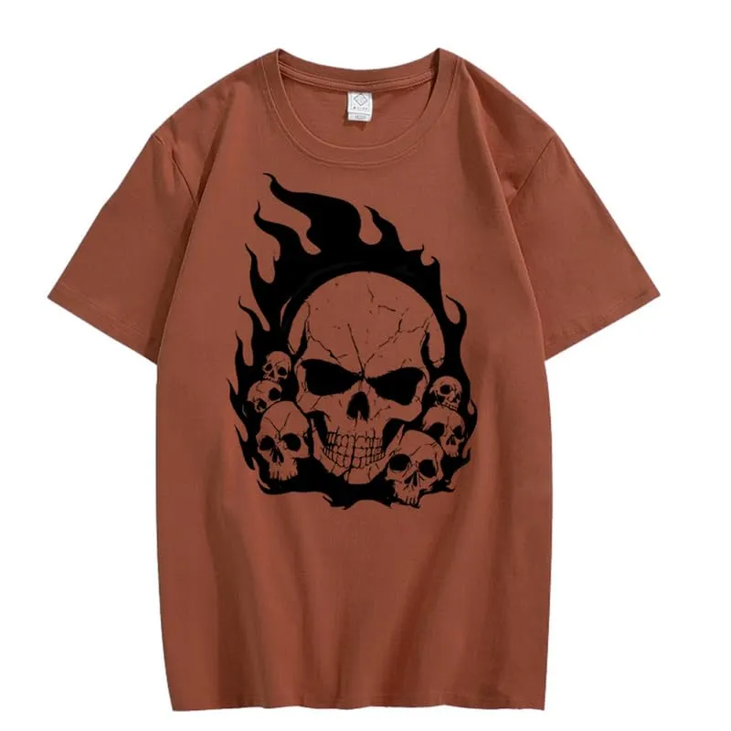 CORIRESHA Teen Skull Flame Crewneck Short Sleeve Y2K Aesthetic Halloween T-Shirt