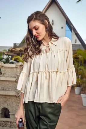 Cream Flarred Tie Up Blouson Top