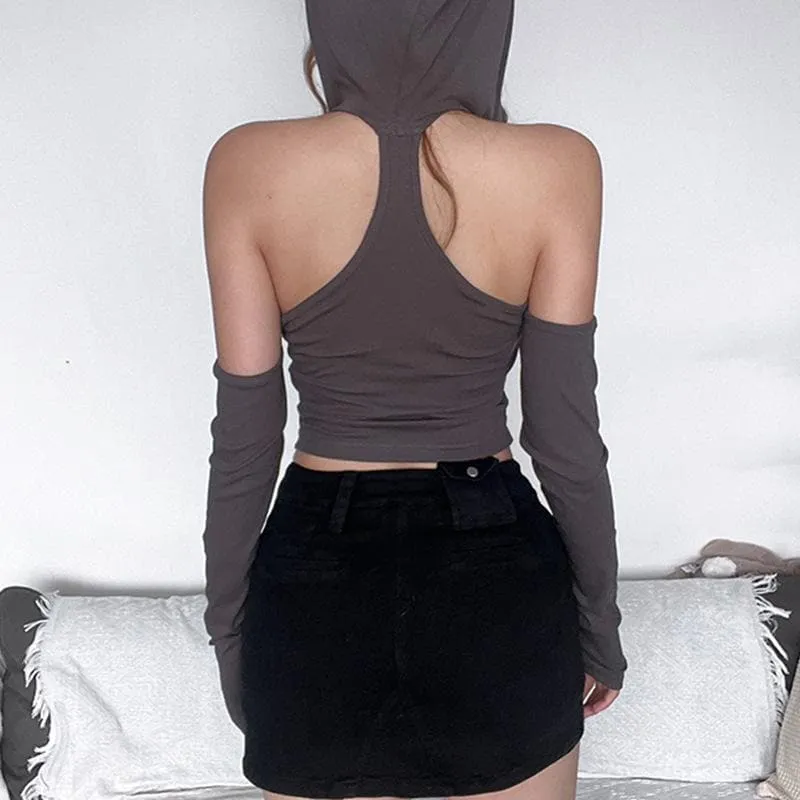 Cross front hoodie sleeveless gloves backless crop top