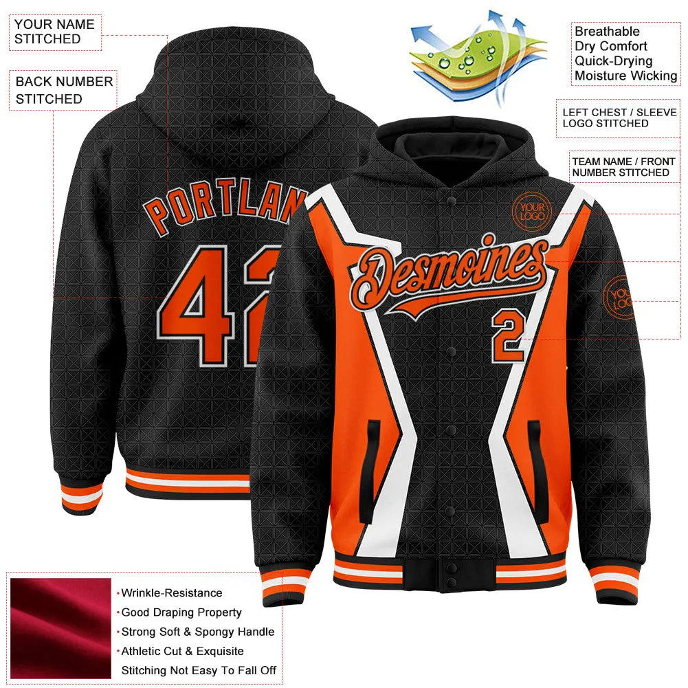 Custom Black Orange-White Arrow 3D Pattern Design Bomber Full-Snap Varsity Letterman Hoodie Jacket