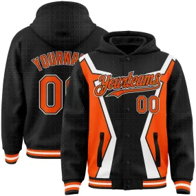 Custom Black Orange-White Arrow 3D Pattern Design Bomber Full-Snap Varsity Letterman Hoodie Jacket