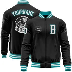 Custom Black White-Teal Bomber Varsity Letterman Zipper Jacket