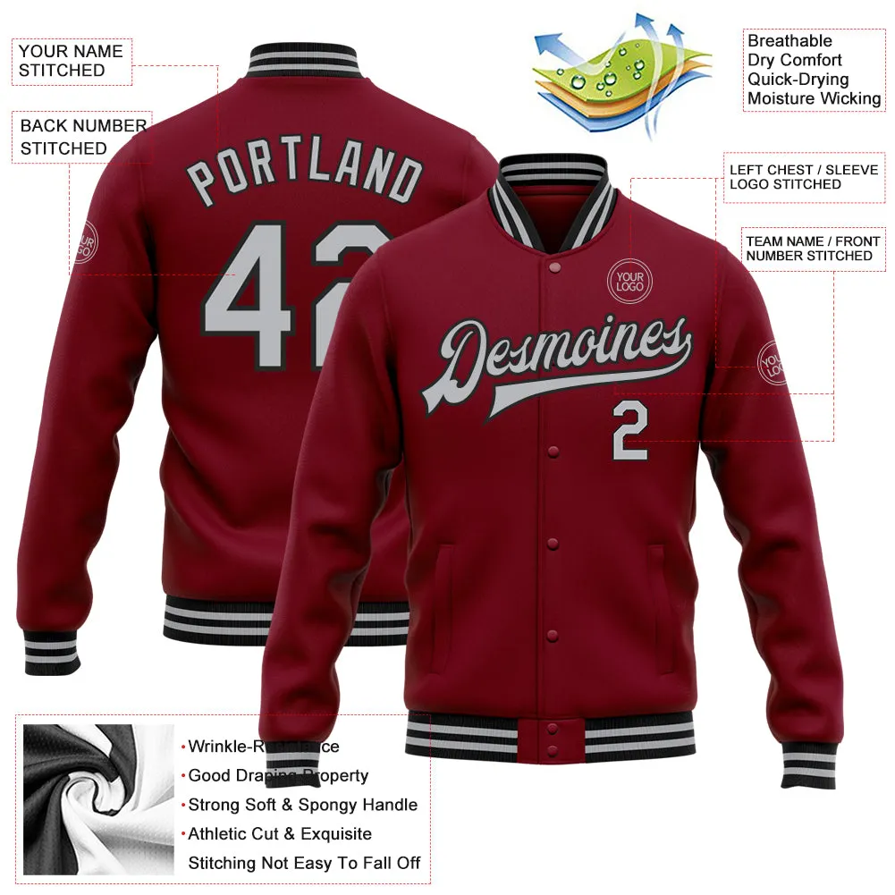 Custom Crimson Gray-Black Bomber Full-Snap Varsity Letterman Jacket