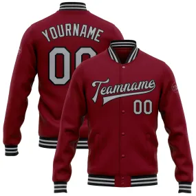 Custom Crimson Gray-Black Bomber Full-Snap Varsity Letterman Jacket