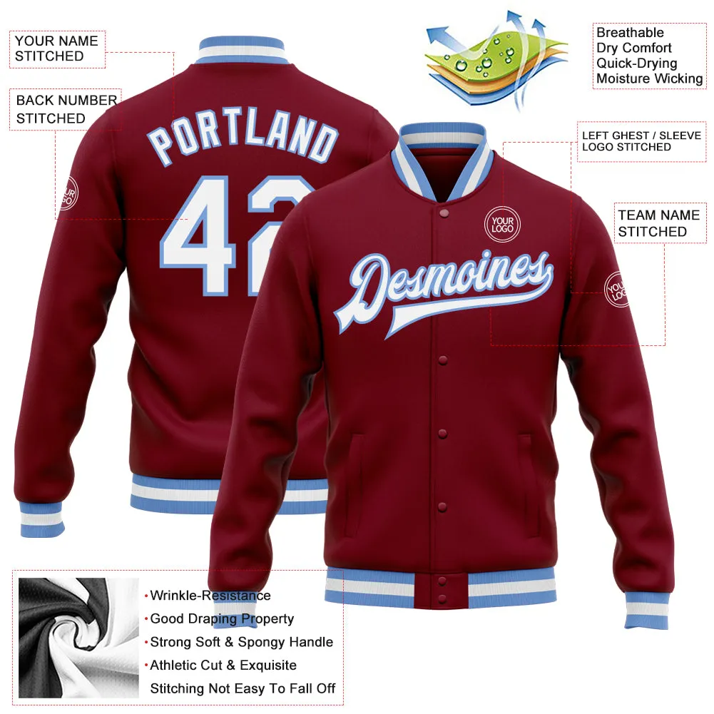 Custom Crimson White-Light Blue Bomber Full-Snap Varsity Letterman Jacket