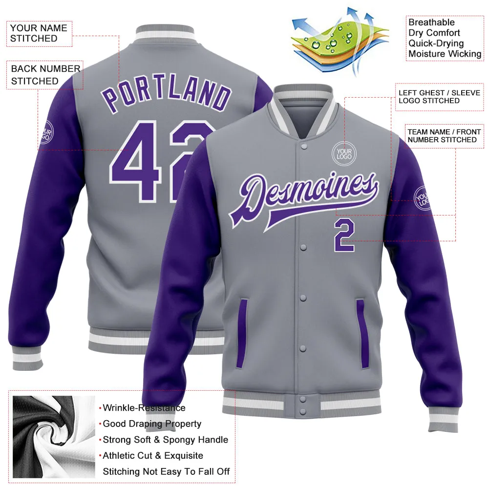 Custom Gray Purple-White Bomber Full-Snap Varsity Letterman Two Tone Jacket